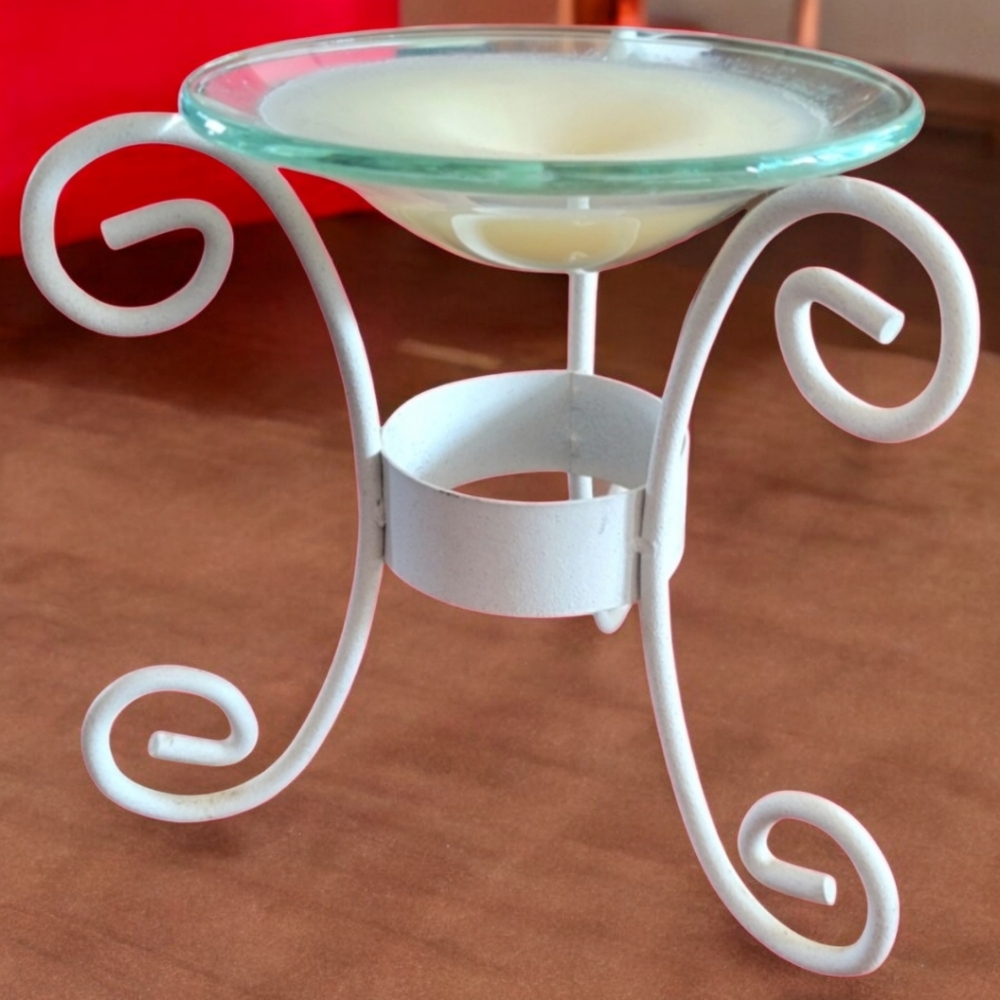 Vtg White Metal & Glass Candle Wax Tart Warmer Holder